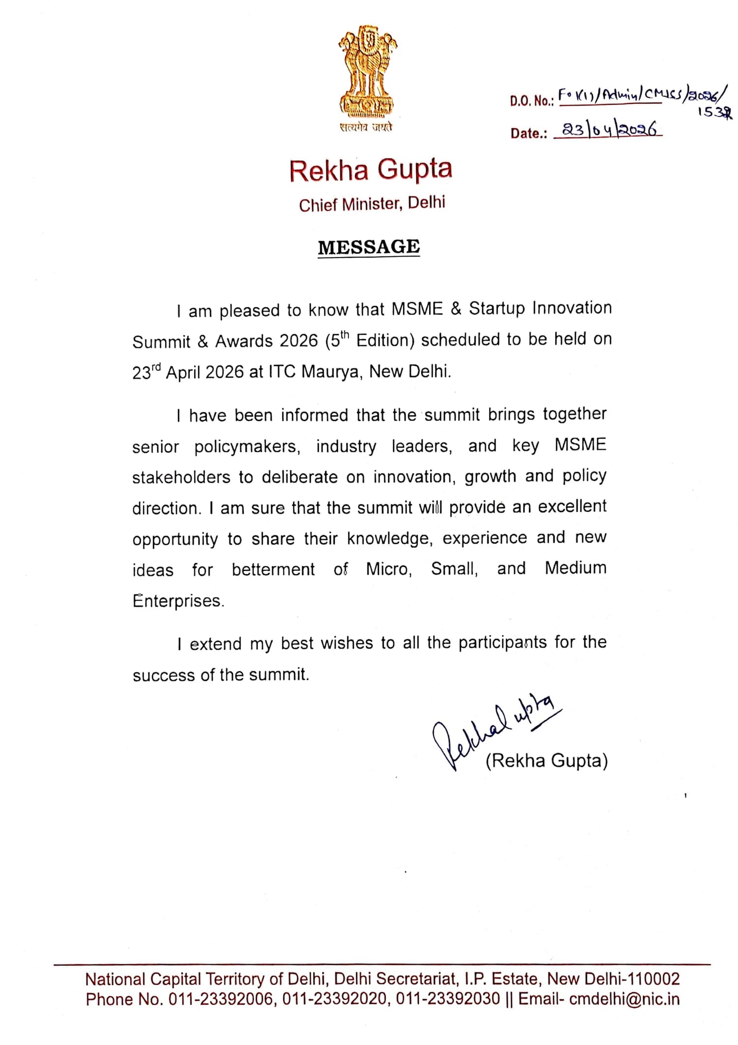 Letter from Rekha Gupta, Chief Minister of Delhi, on the MSME & Startup Innovation Summit & Awards 2026 (5th Edition), held on 23rd April 2026 at ITC Maurya, New Delhi.
